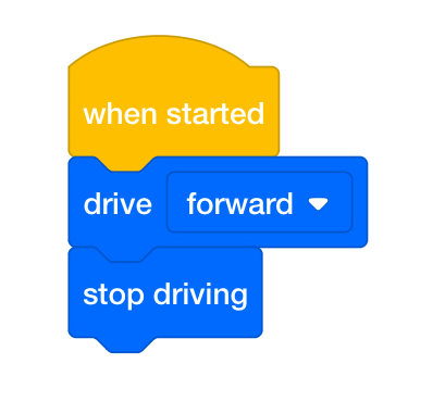 VEXcode GO blokkeert een project dat bestaat uit een When started-blok, een Drive forward-blok en een Stop driving-blok.