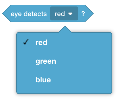VEXcode GO रंग ब्लॉक का पता लगाता है जो पढ़ता है कि आंख लाल का पता लगाती है? ब्लॉक का ड्रॉपडाउन मेनू यह प्रदर्शित करने के लिए खुला है कि पता लगाए गए रंग को लाल, हरा या नीला में बदला जा सकता है।