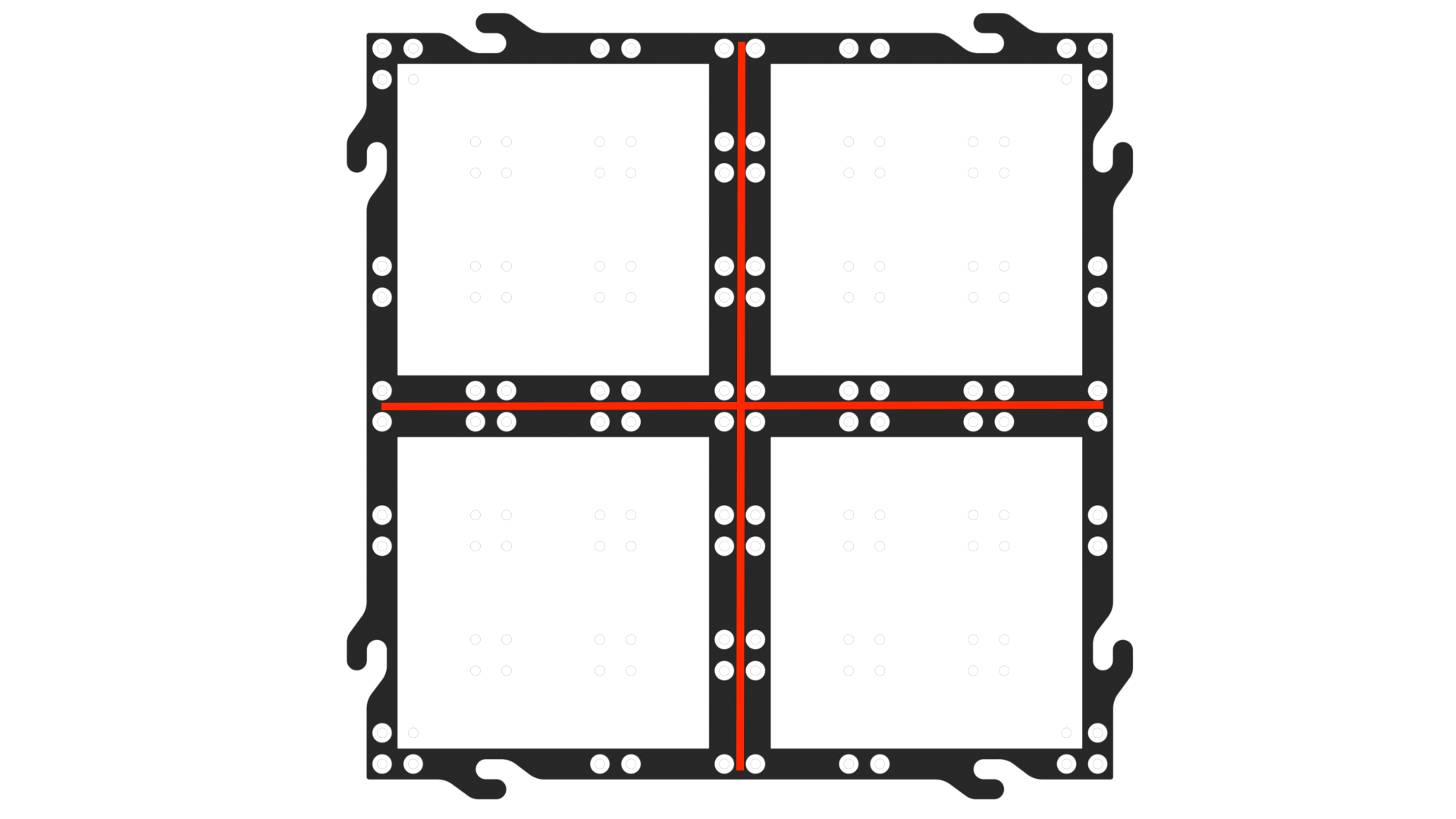 जीओ फील्ड टाइल का ऊपर से नीचे का दृश्य, जिसमें टाइल के मध्य में फैली काली रेखाओं को दर्शाने के लिए रेखाएं खींची गई हैं।