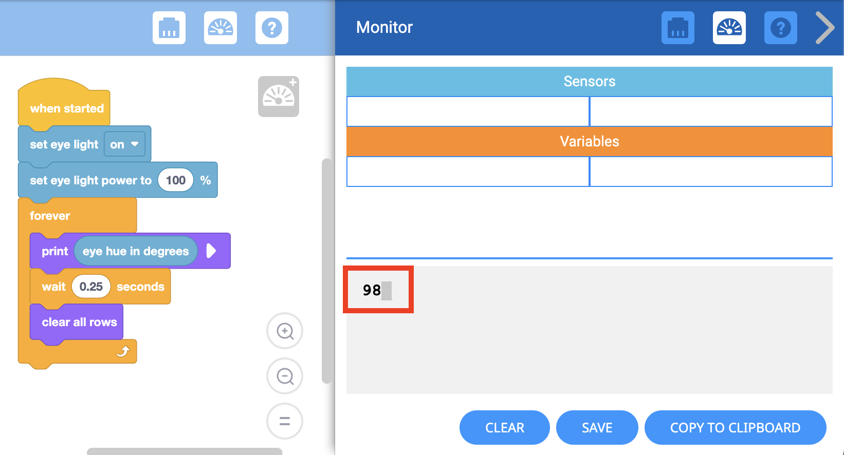 VEXcode GO प्रिंट कंसोल मेनू खुला और हाइलाइट किया हुआ। पिछला प्रोजेक्ट चलाया जा चुका है, और नेत्र सेंसर ह्यू मान कंसोल पर मुद्रित कर दिया गया है। सेंसर ने 98 का ​​रंग मान बताया, जो कि पीले-हरे रंग का होगा।