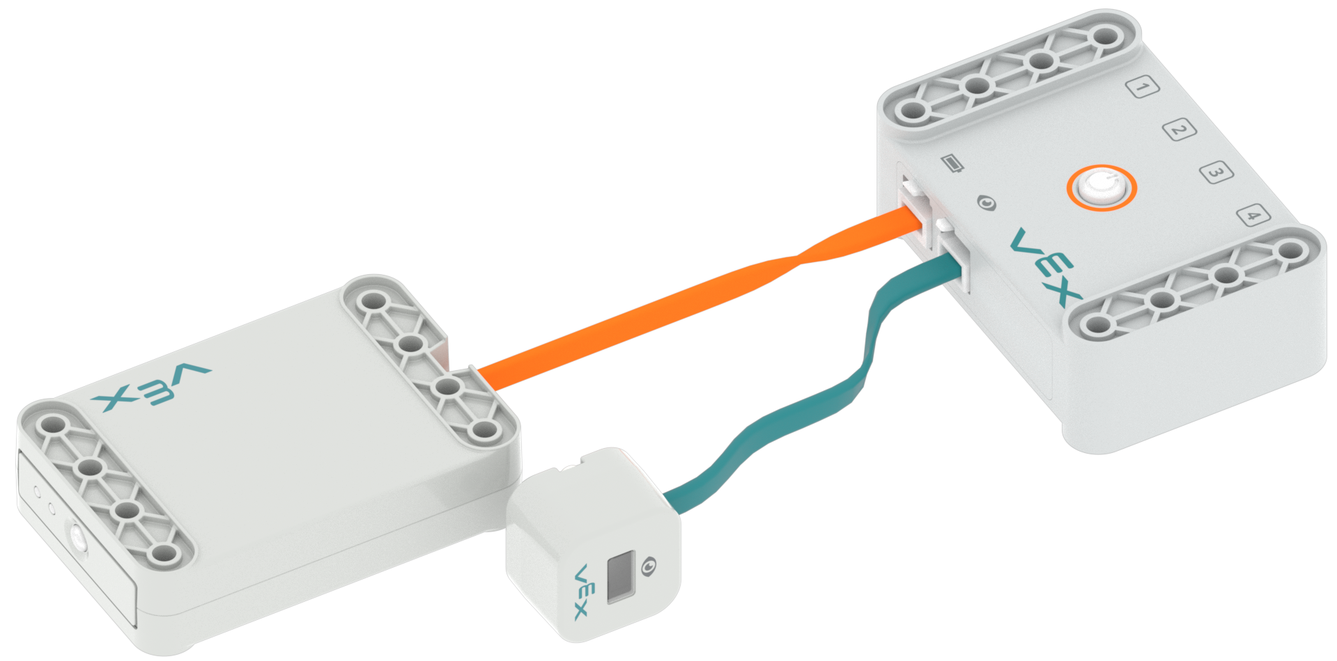 Cerveau avec une batterie connectée à son port de batterie et un capteur oculaire connecté à son port de capteur oculaire à l'aide de leurs câbles de connexion.