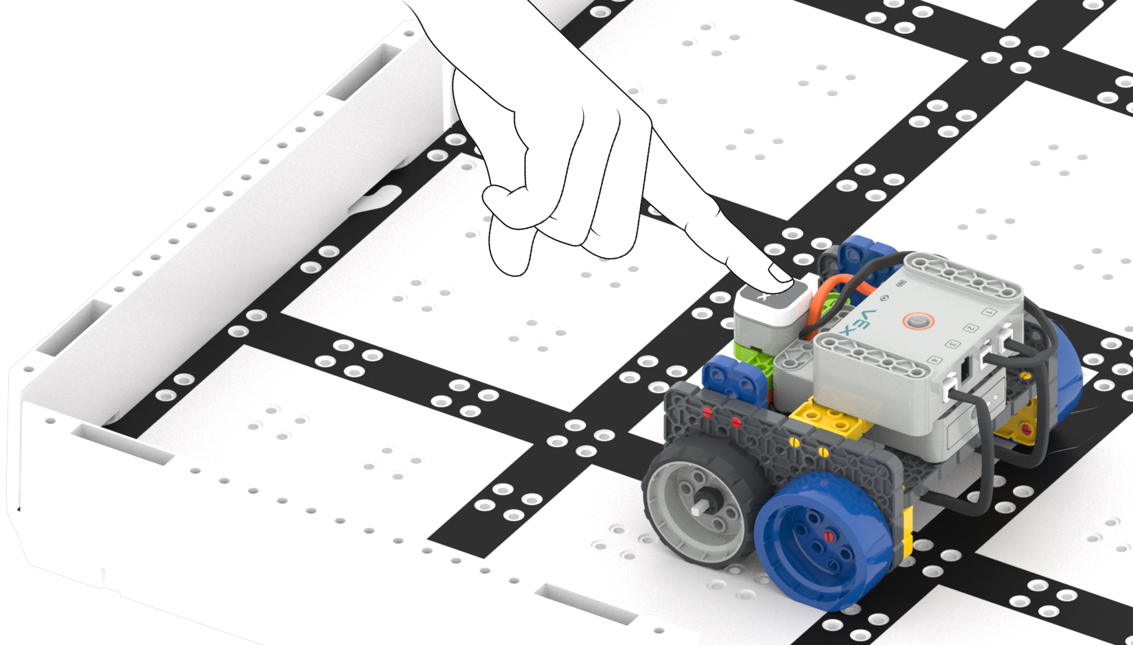Diagram: egy kéz megnyomja a LED lökhárítót egy GO roboton.