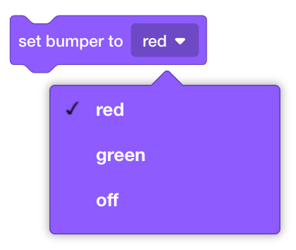 O VEXcode GO define o bloco de cores do pára-choques que diz "definir o pára-choques para vermelho". O menu suspenso do bloco está aberto para demonstrar que a cor pode ser alterada para vermelho, verde ou desligada.