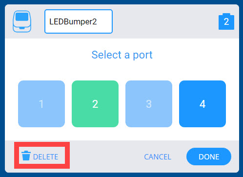 قائمة أجهزة VEX GO بعد تحديد جهاز LED Bumper المتصل. يتم تسليط الضوء على زر الحذف في الزاوية اليسرى السفلية.