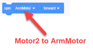 VEX GO Spin-blok met de tekst Spin ArmMotor forward. Een label geeft aan dat het Motor-dropdownmenu van het blok kan worden gebruikt om de geselecteerde Motor te wijzigen.