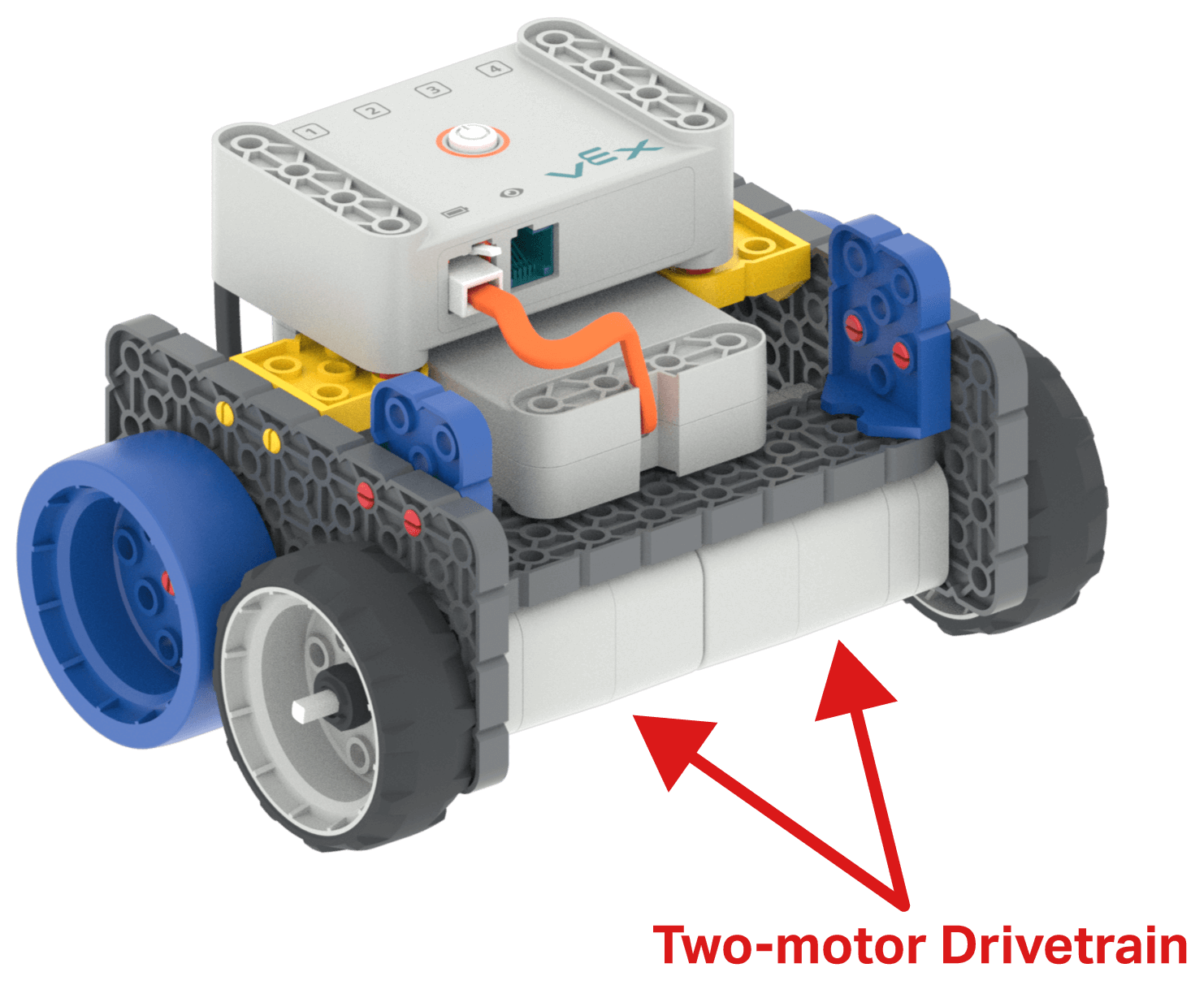 Diagramm des Code Base-Roboters mit den beiden Motorteilen, die zusammen als Zweimotoren-Antriebsstrang bezeichnet sind.