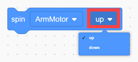 Spin ArmMotor를 위로 읽는 VEX GO Spin 블록입니다. 블록의 방향 드롭다운 메뉴가 열려 모터의 회전 방향을 변경하는 데 사용될 수 있음을 나타냅니다.