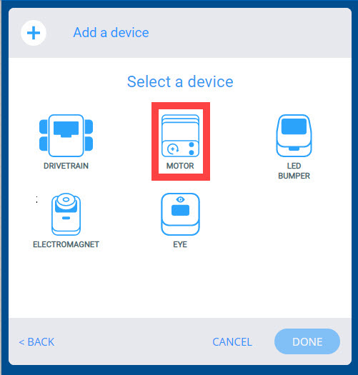 Menu de dispositivos VEX GO após a opção Robô personalizado ter sido selecionada. A opção Motor está destacada.