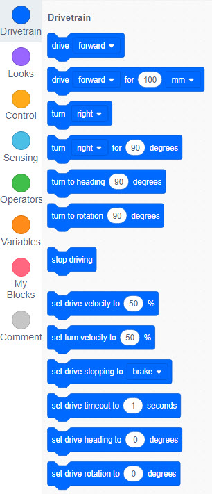 VEX GO munkaterület a Blocks Toolbox megjelenítésével és a Drivetrain kategória kiválasztásával.