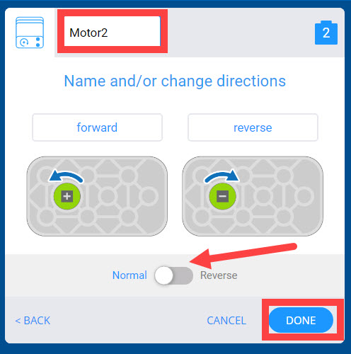 Menu Motore dei dispositivi VEX GO dopo la selezione della porta. Sono disponibili opzioni per modificare il nome del motore, il nome di ciascuna direzione e un pulsante per invertire la rotazione del motore.