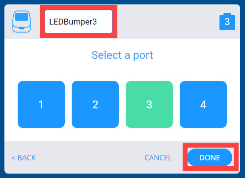 Menu LED Bumper dei dispositivi VEX GO dopo che la porta selezionata è stata modificata in 3. Il nome del LED Bumper è stato rinominato LEDBumper3 ed è evidenziato.