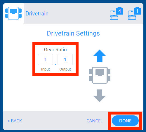 قائمة Drivetrain الخاصة بأجهزة VEX GO بعد تحديد منافذ المحرك. تتوفر خيارات لتغيير نسبة تروس الروبوت واتجاه القيادة المفضل.