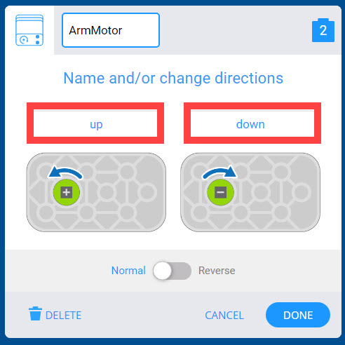 قائمة محرك أجهزة VEX GO بعد تحديد المنفذ. تم تغيير اسم اتجاهات المحرك من الأمام والخلف إلى الأعلى والأسفل.