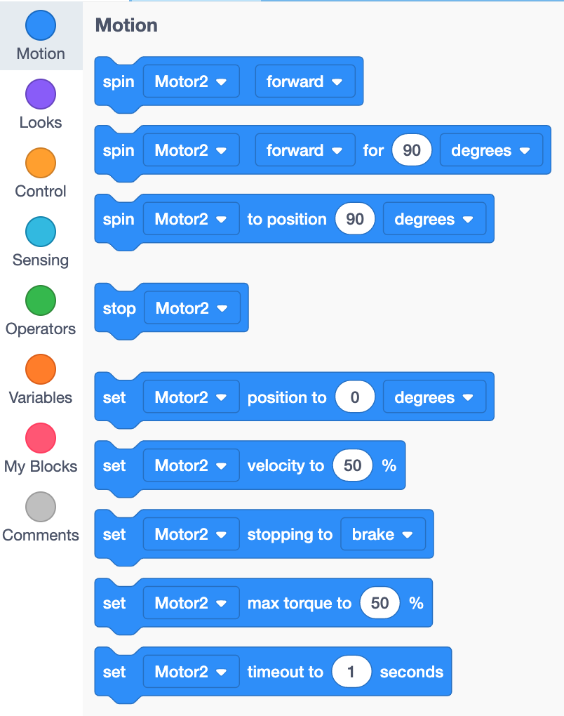 VEX GO-werkruimte met de blokkentoolbox weergegeven en de categorie Beweging geselecteerd.