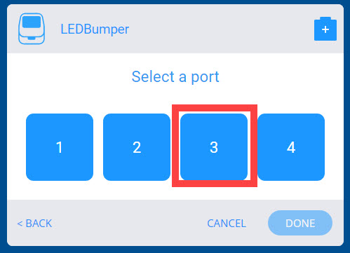 A VEX GO Devices menü a LED Bumper opció kiválasztása után. Van egy lista a robot 4 intelligens portjáról, a 3-as port pedig kiemelve, így hozzárendelhető az új LED-es lökhárítóhoz.