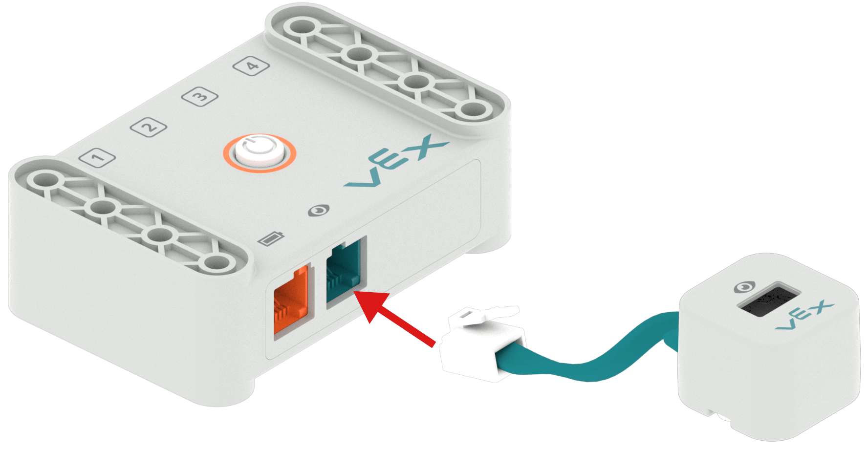 Schema del componente Eye Sensor con cavo collegato che può essere inserito solo nella porta Eye Sensor. Lo schema mostra il cavo collegato alla porta del sensore oculare sul cervello.