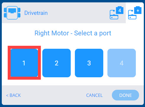 Menu truyền động của Thiết bị VEX GO sau khi tùy chọn Động cơ bên trái được chọn. Có một danh sách gồm 4 Cổng thông minh của robot và cổng được đánh số 1 được tô sáng để có thể gán cho Động cơ bên phải.