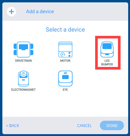 Menu Thiết bị VEX GO sau khi tùy chọn Robot tùy chỉnh được chọn. Tùy chọn Đèn LED cản được tô sáng.