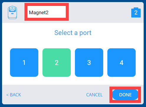 Menu Electroaimant des appareils VEX GO après que le port sélectionné a été modifié en 2. Le nom de l'électroaimant a été renommé Magnet2 et est mis en surbrillance.