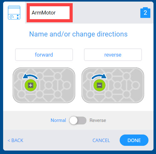 Menu Motor Perangkat VEX GO setelah port dipilih. Nama Motor telah diganti nama menjadi ArmMotor dan disorot.