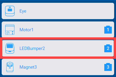 Menu Perangkat VEX GO dengan daftar perangkat yang terhubung ditampilkan. Bumper LED disorot, menunjukkan bahwa itu dapat dihapus setelah memilihnya.