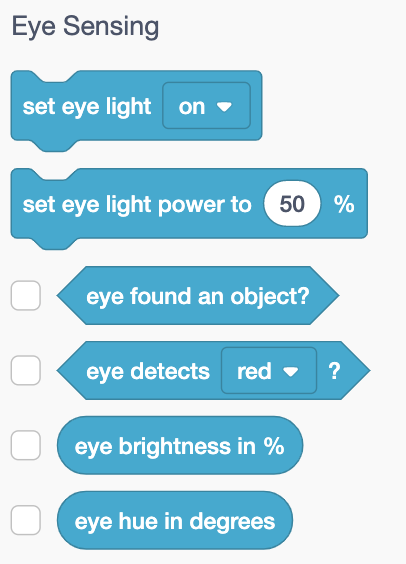 พื้นที่ทำงาน VEX GO พร้อมกล่องเครื่องมือบล็อกที่แสดงอยู่ และบล็อก Eye Sensing ภายในหมวดหมู่ Sensing ที่แสดงอยู่