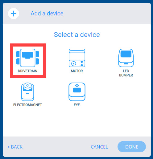 Menu de dispositivos VEX GO após a opção Robô personalizado ter sido selecionada. A opção Transmissão está realçada.