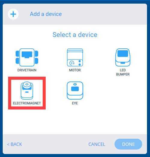Menu de dispositivos VEX GO após a opção Robô personalizado ter sido selecionada. A opção Eletroíman está destacada.