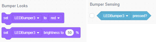 Робоча область VEX GO із трьома блоками, які використовуються для керування світлодіодним бампером. Блоки читання встановлюють LEDBumper3 на червоний, встановлюють яскравість LEDBumper3 на 50%, а LEDBumper3 натиснуто?