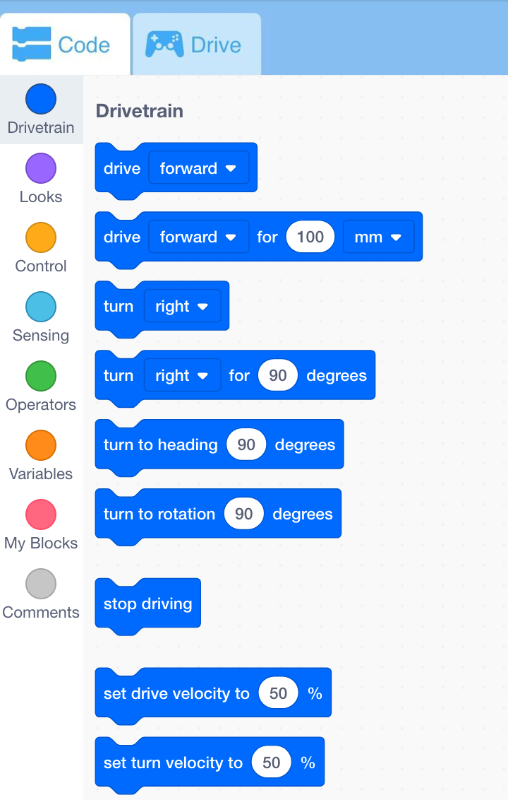 VEX GO-werkruimte met de blokken-toolbox weergegeven. Zowel de categorieën Drivetrain als Sensing zijn nu beschikbaar voor gebruik met de Code Base.
