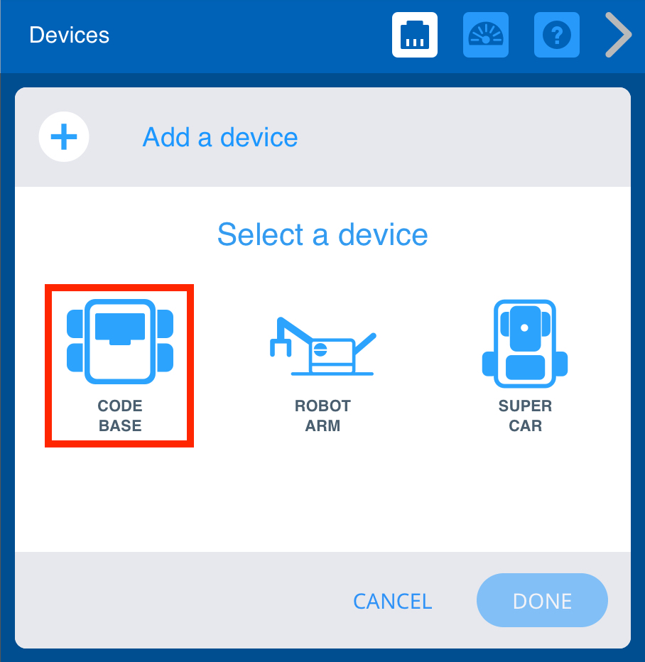 Menu Appareils VEX GO après avoir sélectionné le bouton Ajouter un appareil. L'option Base de code est mise en surbrillance.