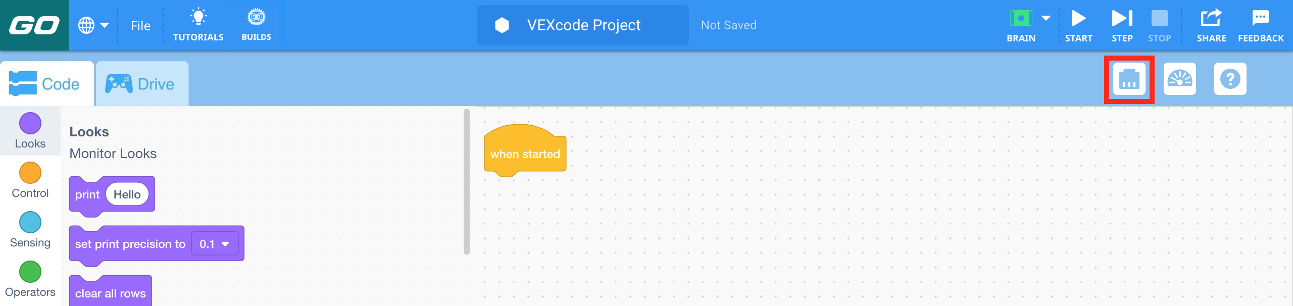 Thanh công cụ VEX GO với biểu tượng Thiết bị được tô sáng ở bên trái biểu tượng Bảng điều khiển màn hình.