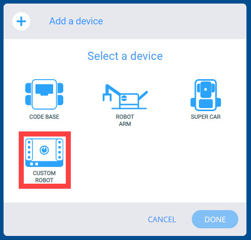 Menú Dispositivos VEX GO después de seleccionar el botón Agregar un dispositivo. La opción Robot personalizado está resaltada.