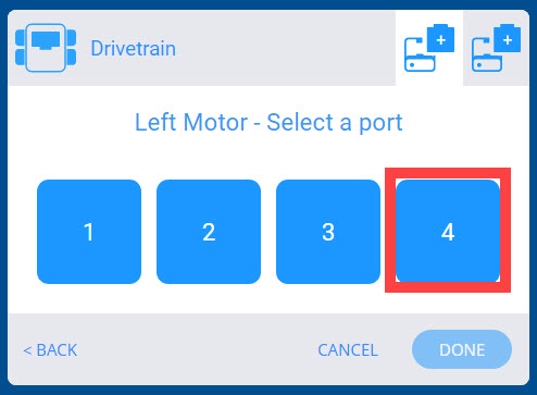 Menú Dispositivos VEX GO después de seleccionar la opción Tren de transmisión. Hay una lista de los 4 puertos inteligentes del robot, y el puerto número 4 está resaltado para que pueda asignarse al motor izquierdo.