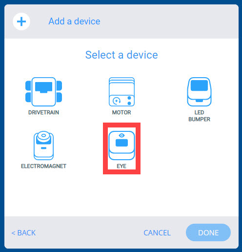 Menu Thiết bị VEX GO sau khi tùy chọn Robot tùy chỉnh được chọn. Tùy chọn Mắt được tô sáng.