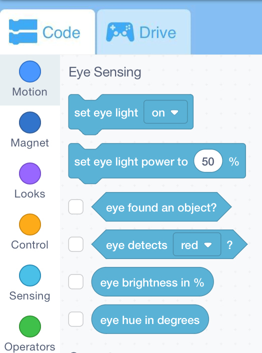Pracovní prostor VEX GO se zobrazeným panelem nástrojů Bloky. Kategorie bloků pohybu a magnetu a bloky Eye Sensing jsou nyní k dispozici pro použití s ​​ramenem robota.