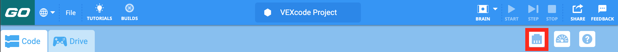 Панель інструментів VEX GO з піктограмою «Пристрої», виділеною ліворуч від піктограми «Консоль моніторингу».