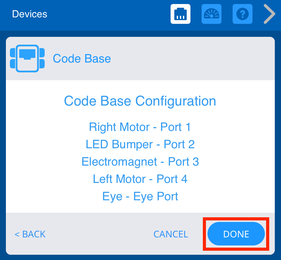 Menu des appareils VEX GO après la sélection de l'option Base de code. La configuration de la base de code est répertoriée et le bouton Terminé dans le coin inférieur droit est mis en surbrillance.