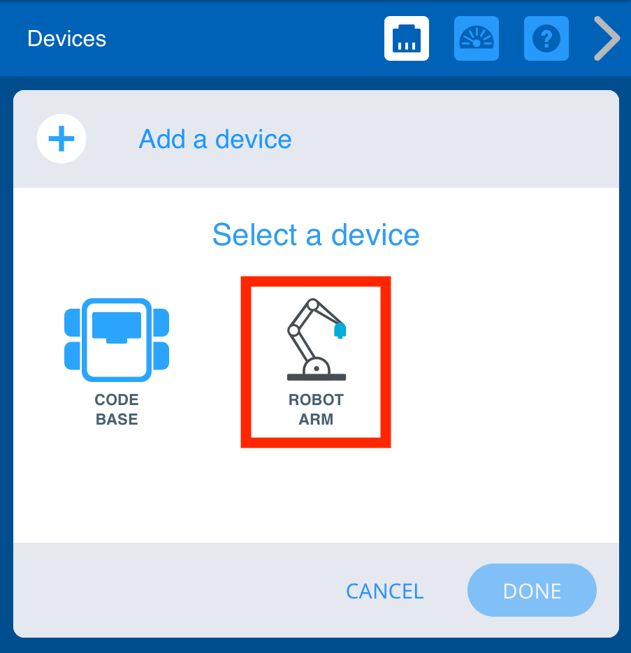 Menu VEX GO-apparaten nadat u op de knop Apparaat toevoegen hebt geklikt. De optie Robotarm is gemarkeerd.