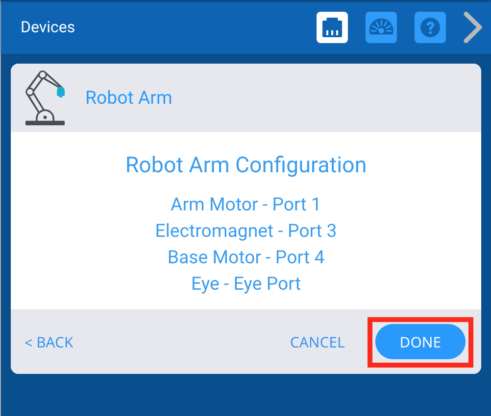 Menu urządzeń VEX GO po wybraniu opcji Robot Arm. Wyświetlana jest konfiguracja ramienia robota, a przycisk Gotowe w prawym dolnym rogu jest podświetlony.