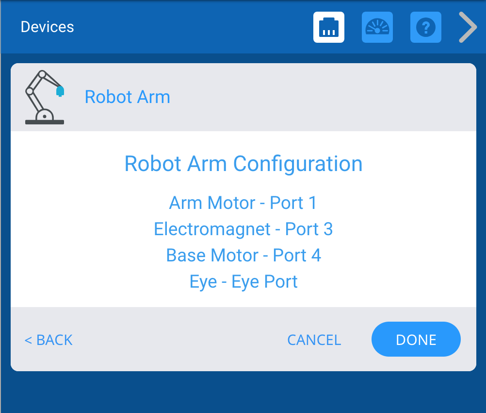 Menú de dispositivos VEX GO después de seleccionar la opción Brazo robótico. Se muestra la configuración del brazo robótico y cada dispositivo corresponde a un puerto específico en el cerebro. La lista de dispositivos dice Motor de brazo en el puerto 1, Electroimán en el puerto 3, Motor de base en el puerto 4 y, finalmente, Ojo en el puerto Eye.