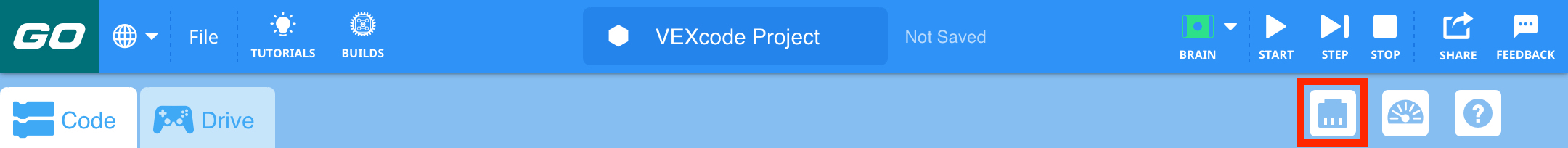 മോണിറ്റർ കൺസോൾ ഐക്കണിന്റെ ഇടതുവശത്ത് ഹൈലൈറ്റ് ചെയ്തിരിക്കുന്ന ഡിവൈസസ് ഐക്കണുള്ള VEX GO ടൂൾബാർ.