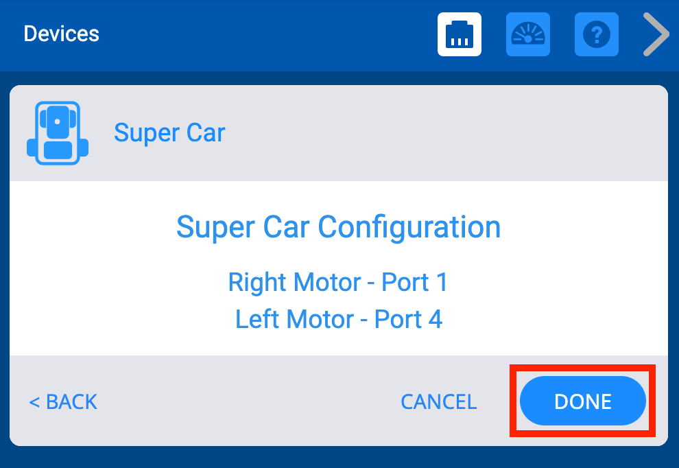 Menú de dispositivos VEX GO después de seleccionar la opción Super Car. Se muestra la configuración del Super Car y el botón Listo en la esquina inferior derecha aparece resaltado.