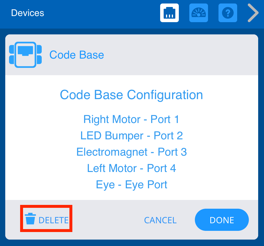 VEX GO Devices меню після вибору пристрою Code Base. Виділено кнопку Видалити в нижньому лівому куті.