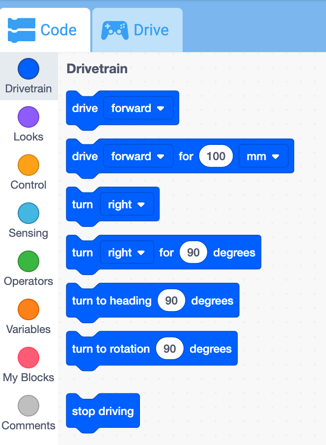 مساحة عمل VEX GO مع مجموعة أدوات الكتل المعروضة. أصبحت الآن كل من فئات Drivetrain وSensing متاحة للاستخدام مع السيارة الخارقة.