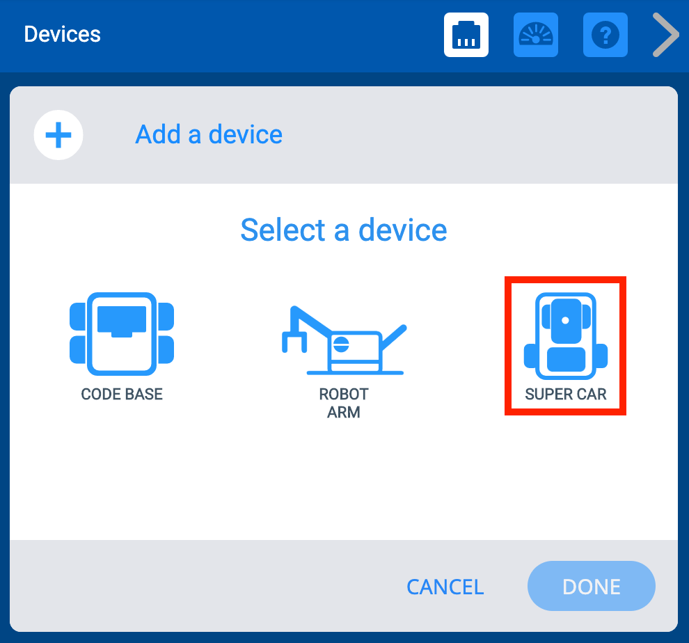 Menu Appareils VEX GO après avoir sélectionné le bouton Ajouter un appareil. L'option Super Car est mise en évidence.