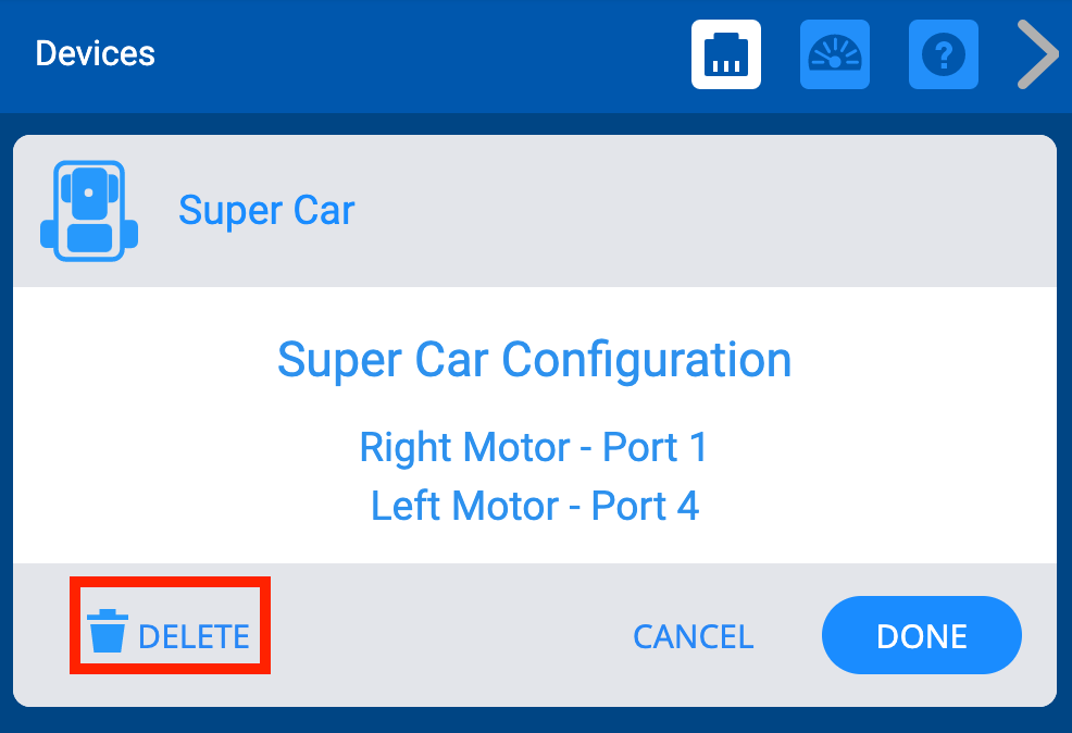 Menu des appareils VEX GO après avoir sélectionné l'appareil Super Car. Le bouton Supprimer dans le coin inférieur gauche est mis en surbrillance.