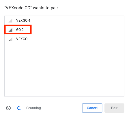 يتم فتح مربع الحوار لتحديد GO Brain للاتصال به. تظهر ثلاثة أدمغة بأسماء مختلفة، ويتم تسليط الضوء على العقل المسمى GO 2.