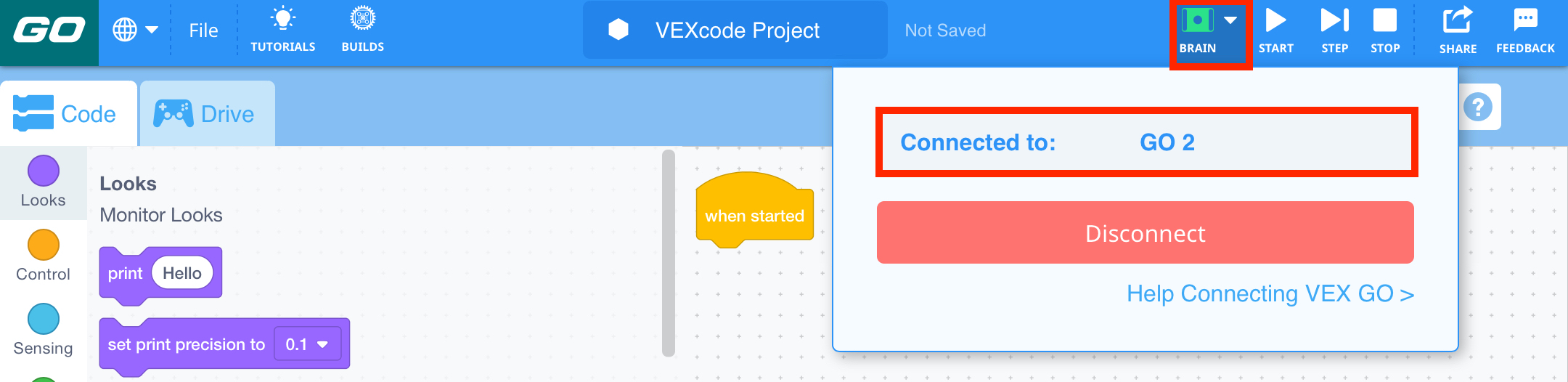 A VEXcode GO egy zöld Brain ikonnal az eszköztáron, amely jelzi, hogy az agy csatlakozott.