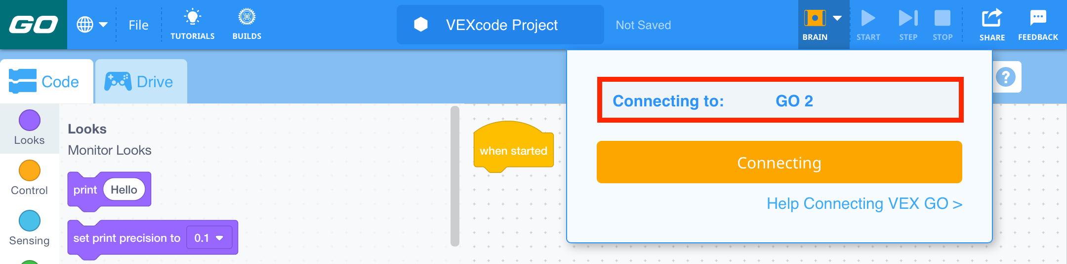 VEXcode GO có biểu tượng Não màu cam trên Thanh công cụ để báo hiệu rằng nó đang kết nối.